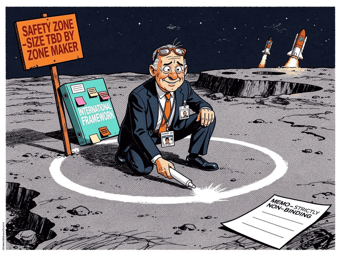 Editorial cartoon of overlapping bilateral diplomatic agreements with 61 signatures and no enforcement mechanism, representing the Artemis Accords