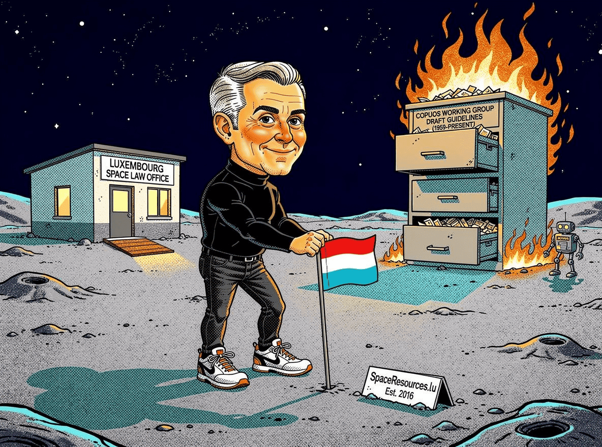 Editorial cartoon of Luxembourg's flag planted on the Moon next to a towering stack of space mining legislation, dwarfing the UN building