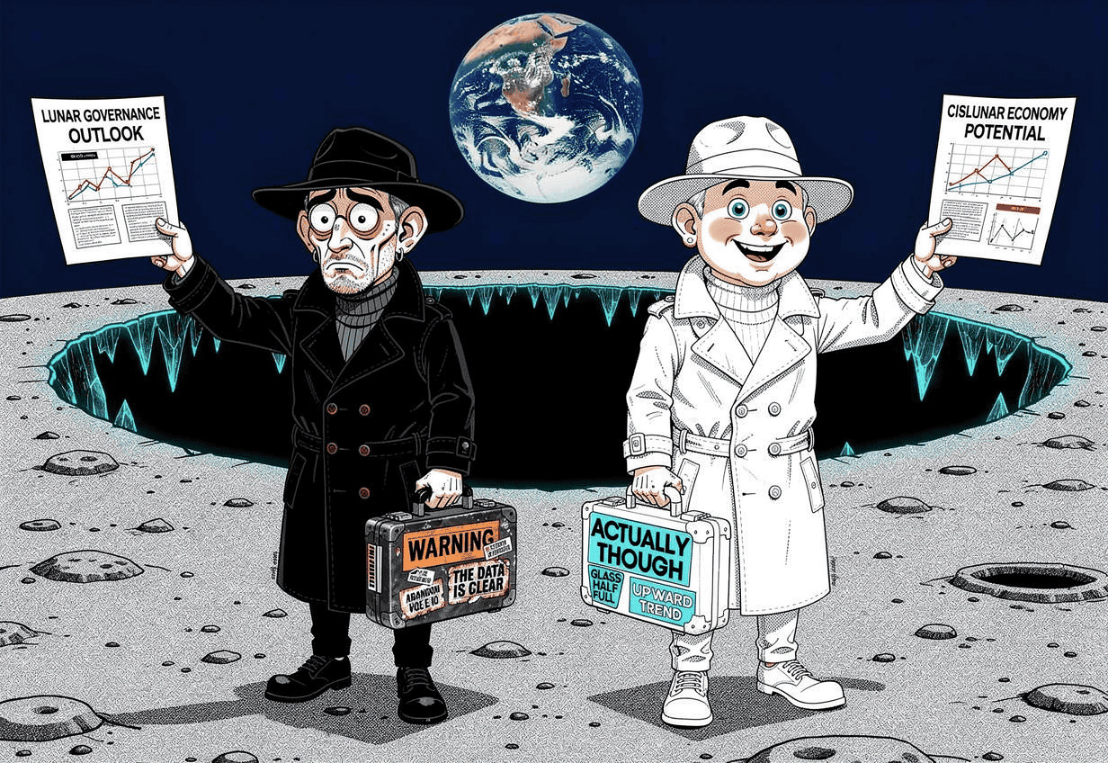 Black Pill and White Pill characters holding opposing charts about lunar resource extraction prospects
